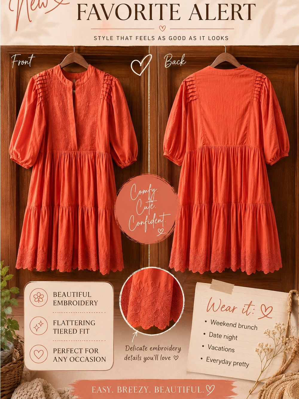 Embroidered Tiered Midi Dress in Coral